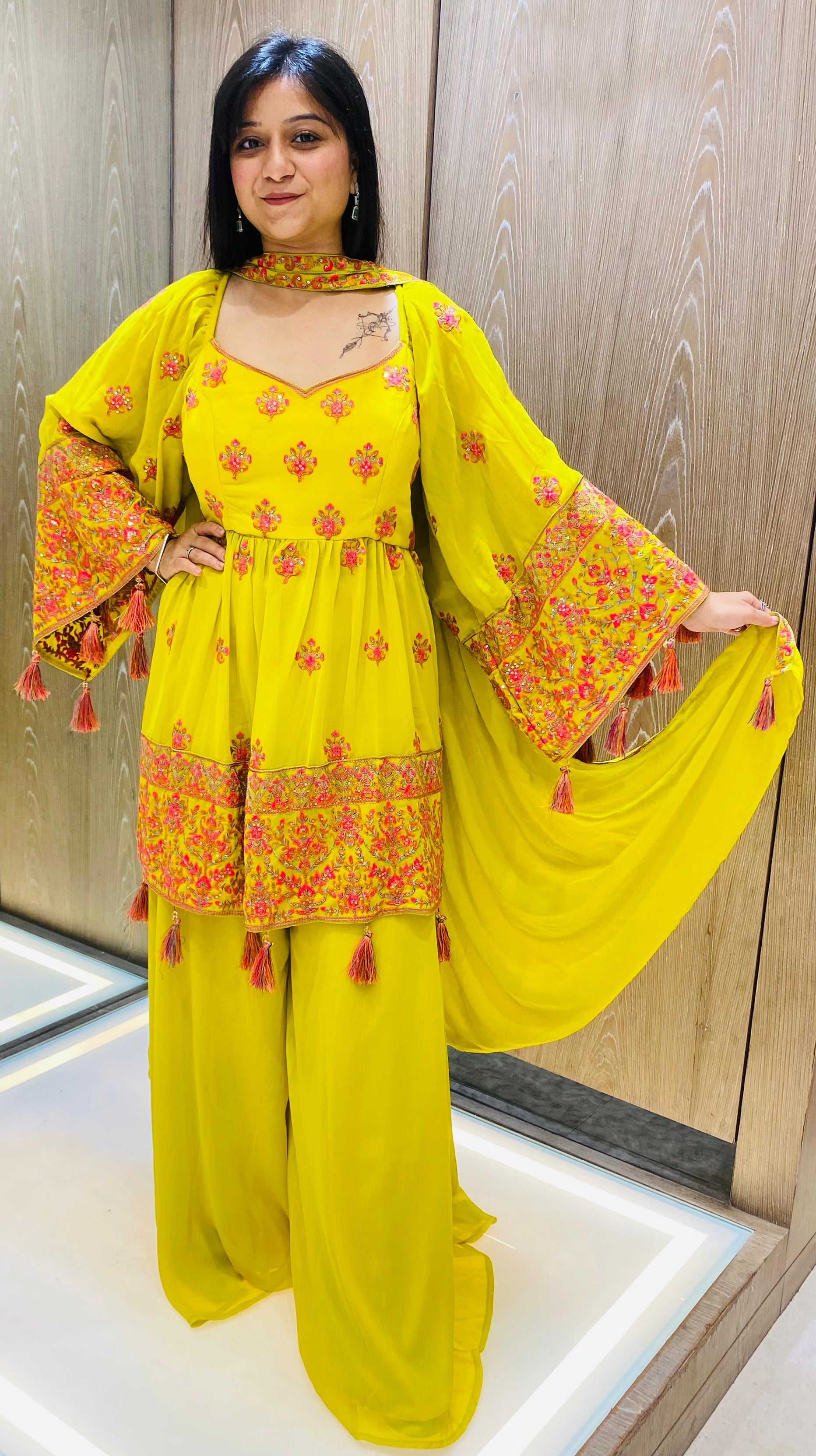 Yellow Color Georgette Resham Work Palazzo Suit